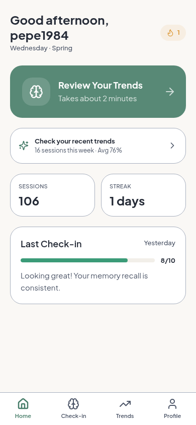 Memo dashboard on iPhone showing daily check-in, streak, and last result